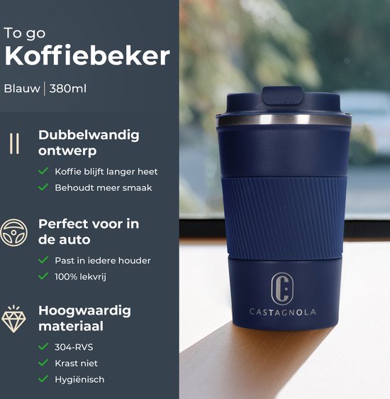 Castagnola Thermosbeker - Koffiebeker To Go - Travel Mug voor Koffie en Thee - Theebeker - 380 ML - RVS - Blauw