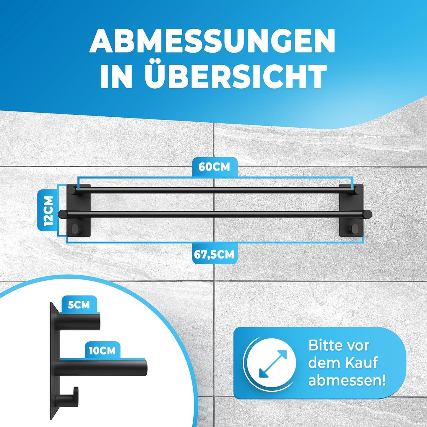 LOBUX® - Handdoekstang zonder boren zwart - 60cm, roestvrij staal - Handdoekstang badkamer dubbel, zelfklevend - Handdoekstang, handdoekstang met 2 handdoekhaken - Badkamer, douchewand, keuken