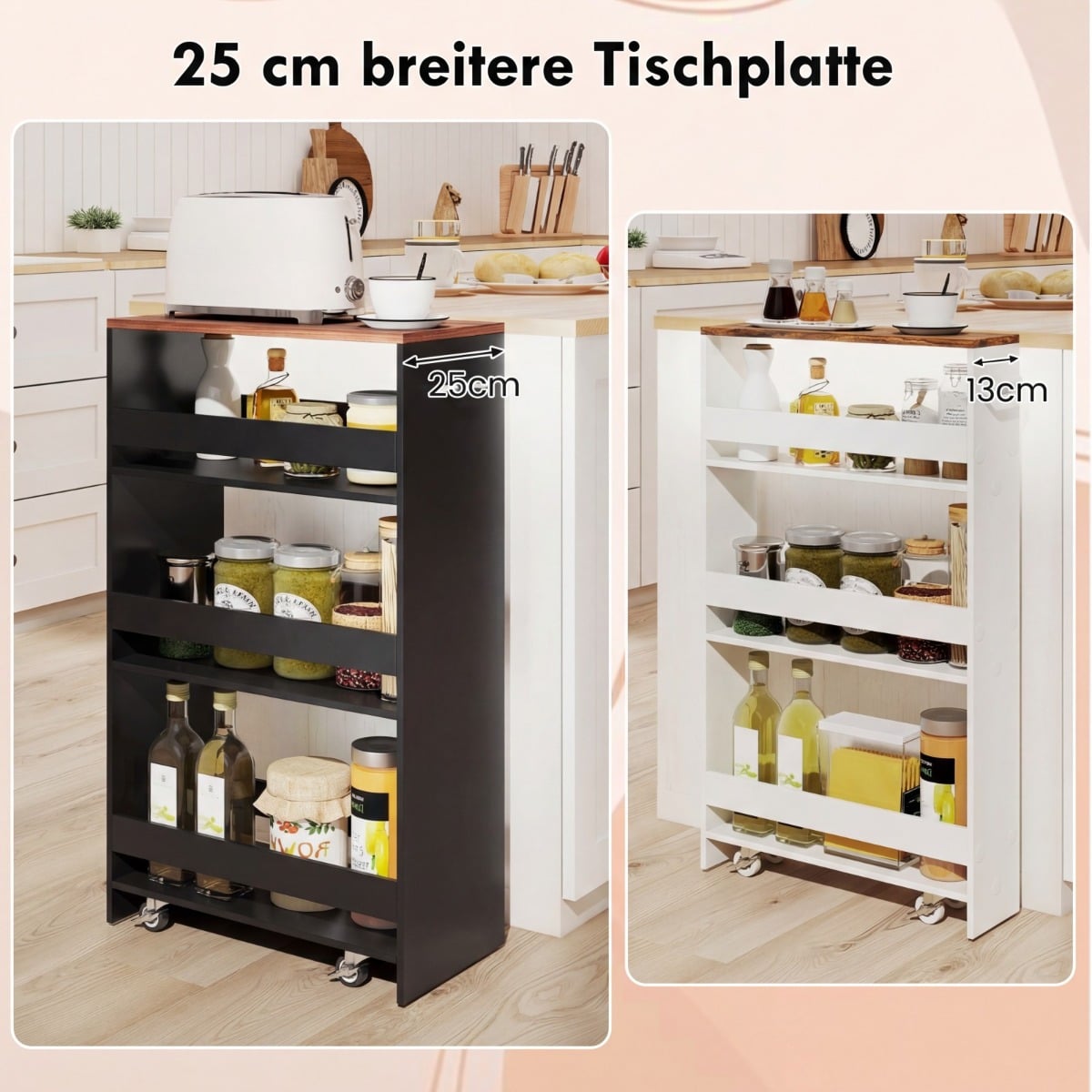 Coast smalle keukenwagen - 4-laags opbergwagen op wielen 47,5 x 25 x 80,5 cm - Zwart/Bruin