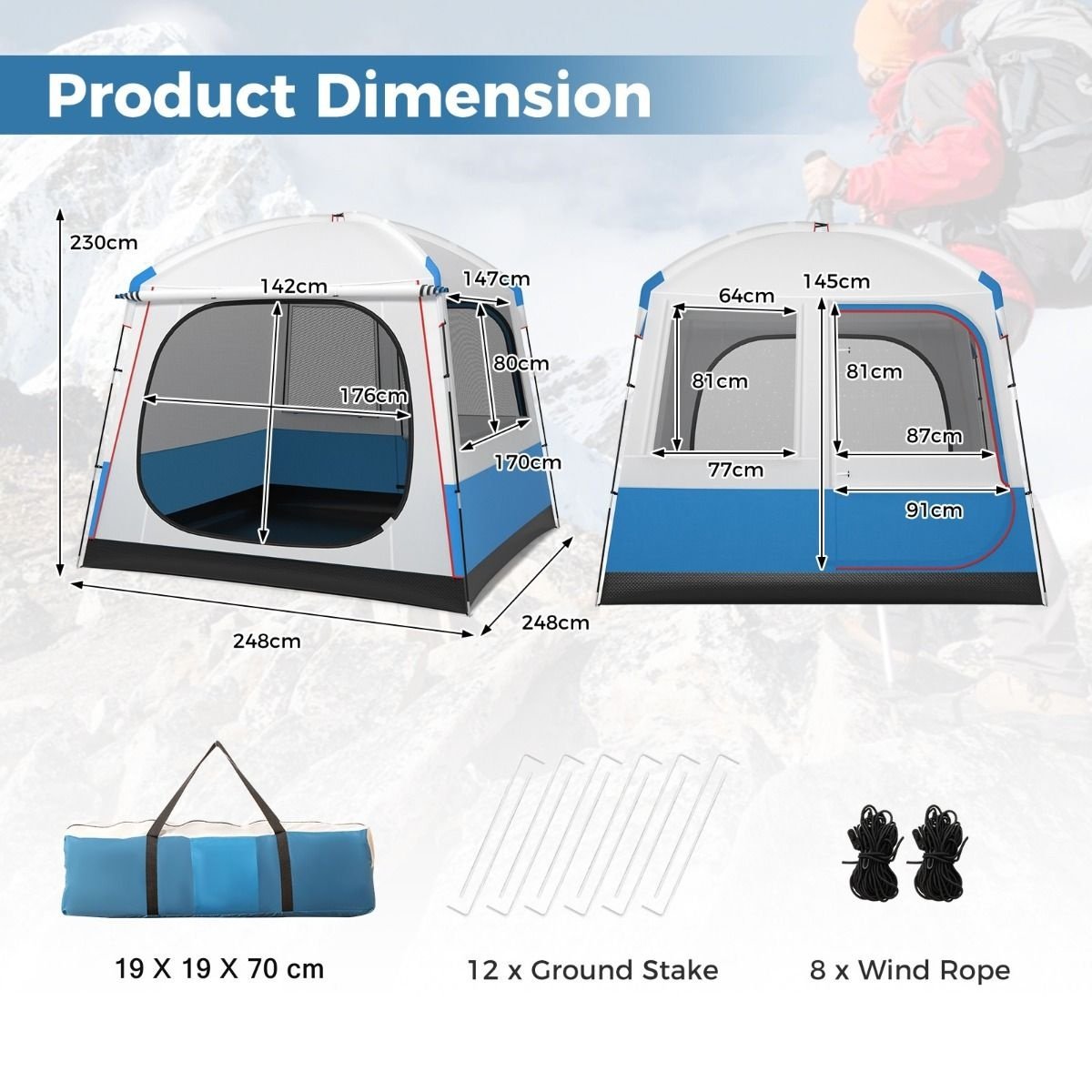 Coast Campingtent voor 5 Personen - Grote Netdeur en Grondzeil - Waterdicht - 248 x 248 x 230 cm - Blauw/Wit