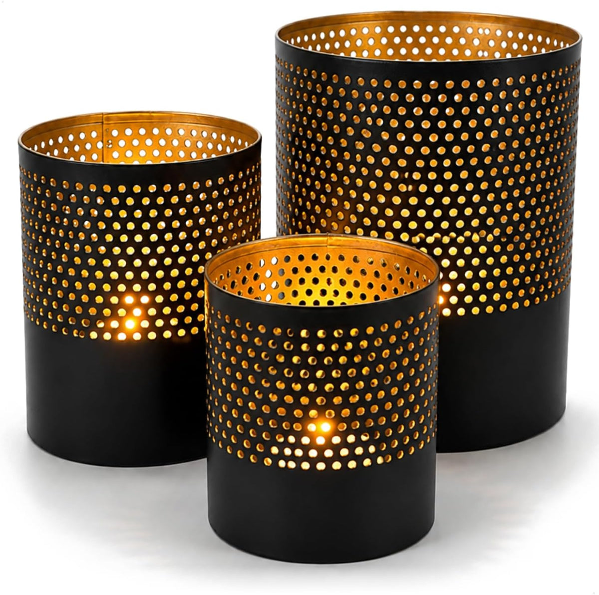 com-four® Set van 3 Metalen Lantaarns – Zwart/Goud – 7,5, 10 en 13 cm
