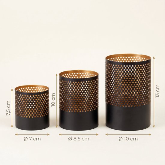 Lomera Theelichthouder Set van 3 - Waxinelichthouder Zwart Met Goud - Metalen Windlicht - Kaarsenhouder voor Woonkamer - Sfeerlicht voor Tafeldecoratie - Geperforeerd Metaal voor Sfeervolle Kaarsen Decoratie