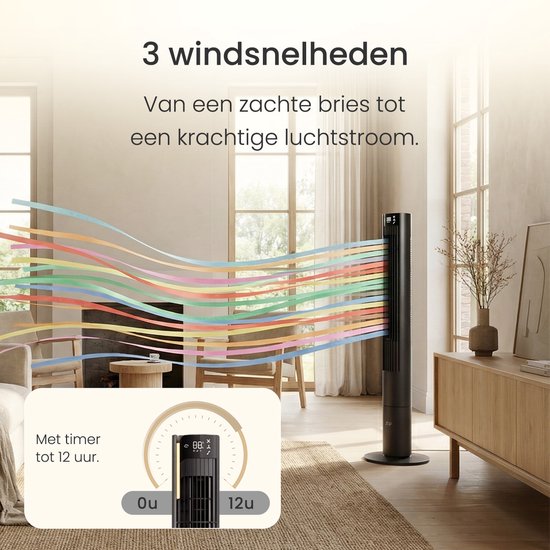 Stille Ventilator met afstandsbediening - Bladloze Torenventilator met Timer en 3 blaasstanden - Energiezuinig (60W) - Slaapkamer - Mat zwart - JAP Appliances Toronto L