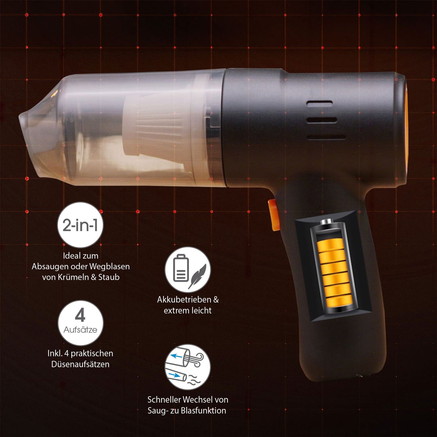 Livington PocketVac Draadloze Handstofzuiger met Blaasfunctie – Compact – Lichtgewicht – Inclusief 5 Opzetstukken
