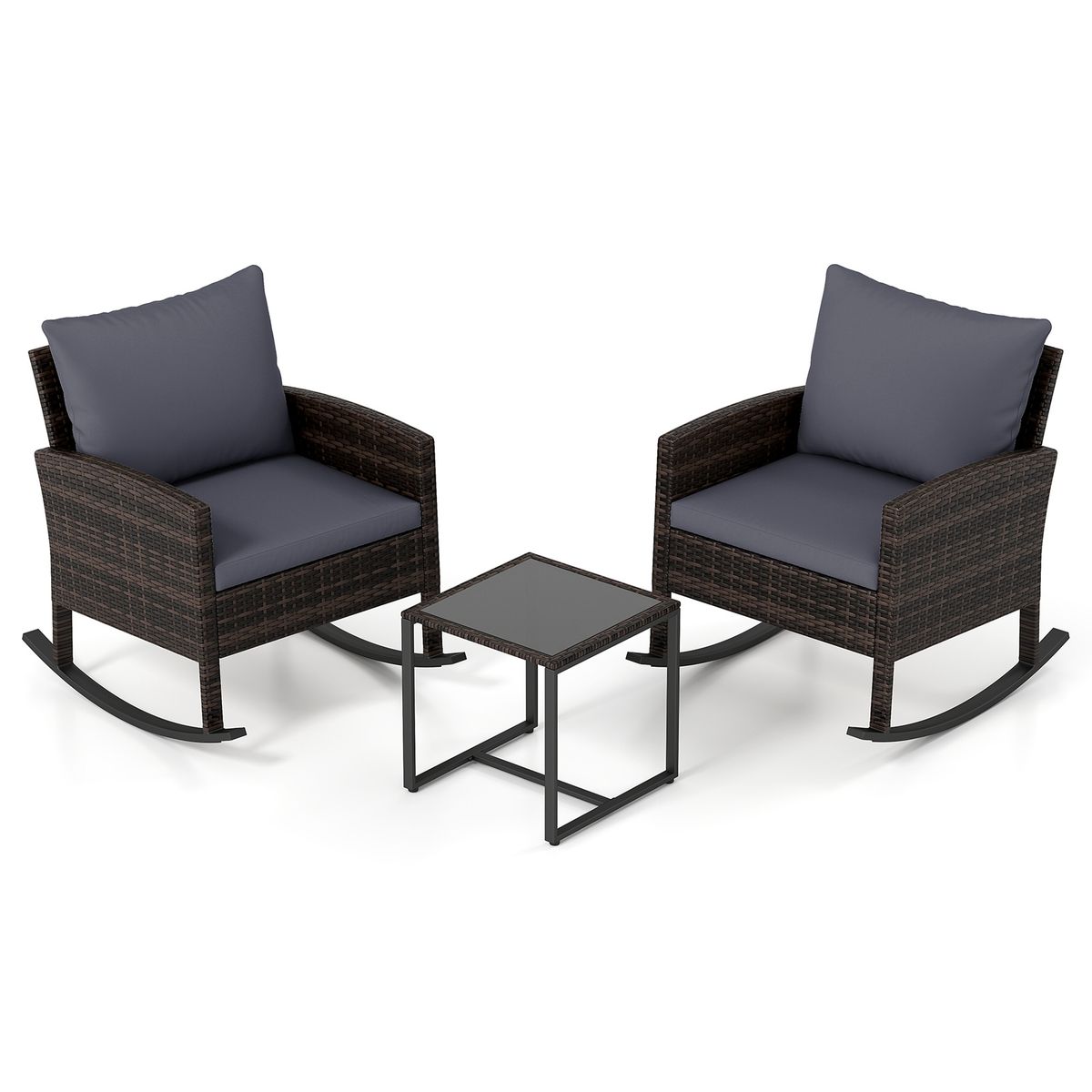 Coast 3-delige tuinset - 2 schommelstoelen en bijzettafel - handgevlochten rattan - grijs