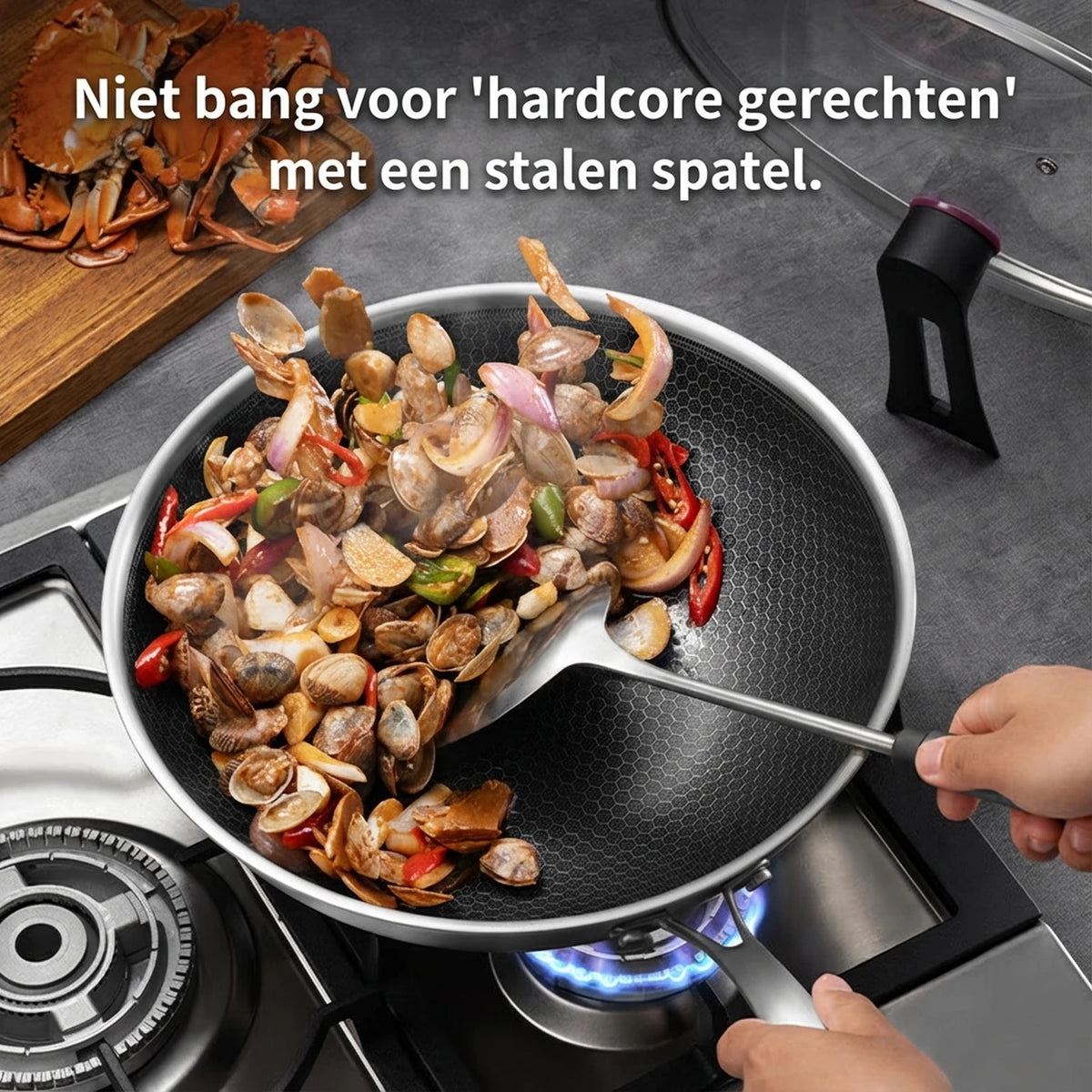 Ochama Wok 30 cm met Deksel - RVS Honingraat Anti-aanbak zonder Teflon - Geschikt voor Inductie, Gas en Elektrisch