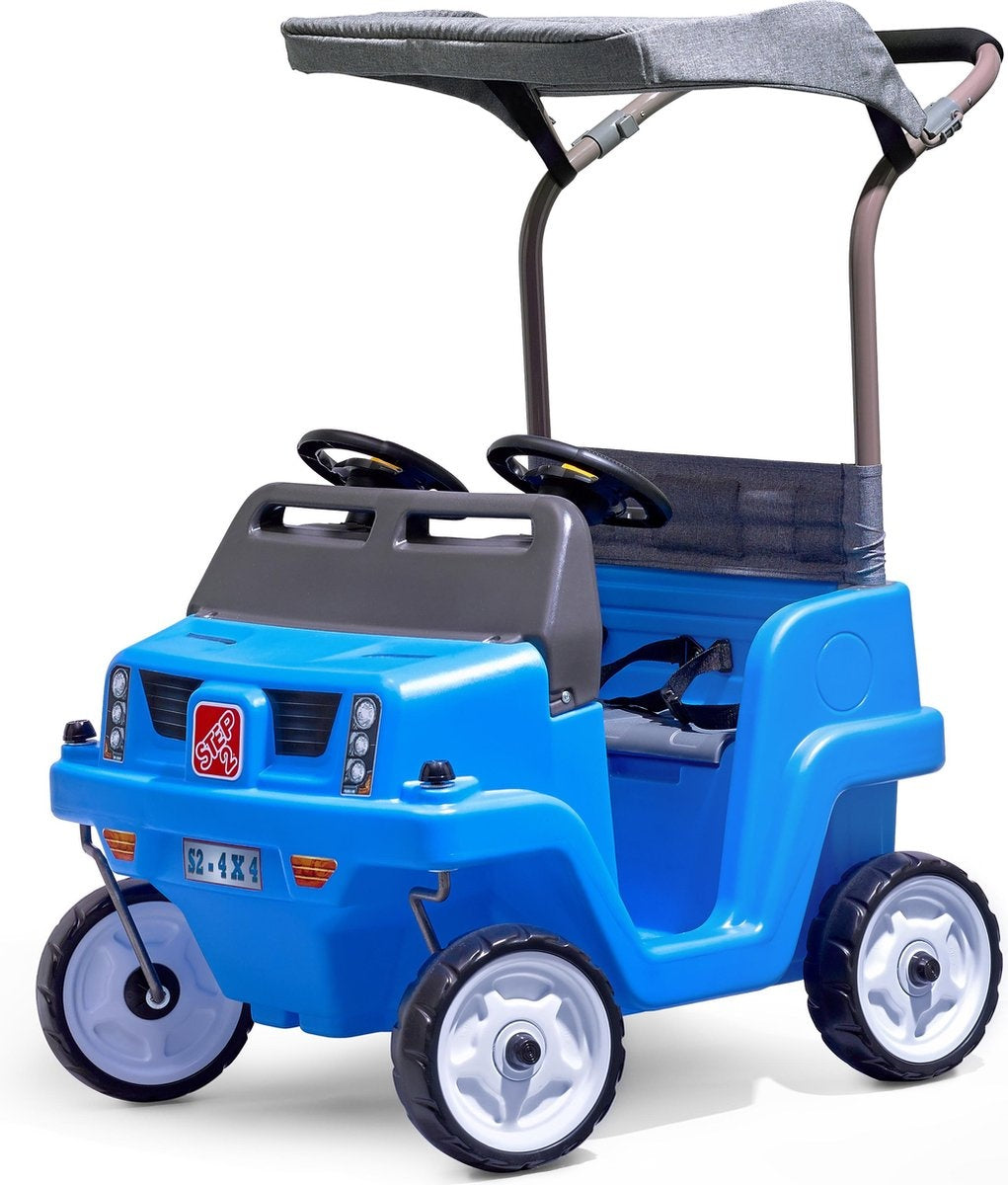 Step2 looppauto Side-By-Side Push Around SUV in Blauw - Duwauto voor 2 kinderen - Luifel voor schaduw - Loopauto met duwstang & luifel - Voor kinderen vanaf 2 jaar