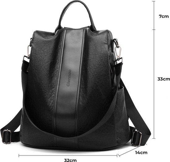 Glennoo Anti-Diefstal Rugzak En Schoudertas – Voorzien Van Verborgen Rits En Waterafstotend PU-Leer En Versterkte Handgreep – Voor Reizen En School – Zwart PU-Leer – 33 x 14 x 32 cm
