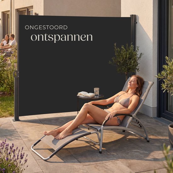 tectake® Uitschuifbaar Windscherm met Oprolmechanisme - 300 x 160 cm - Zijluifel met Aluminium Frame- Zonnescherm - Tuinscherm - Zwart Balkonscherm - Ondoorzichtbaar Privacyscherm - Markiesdoek