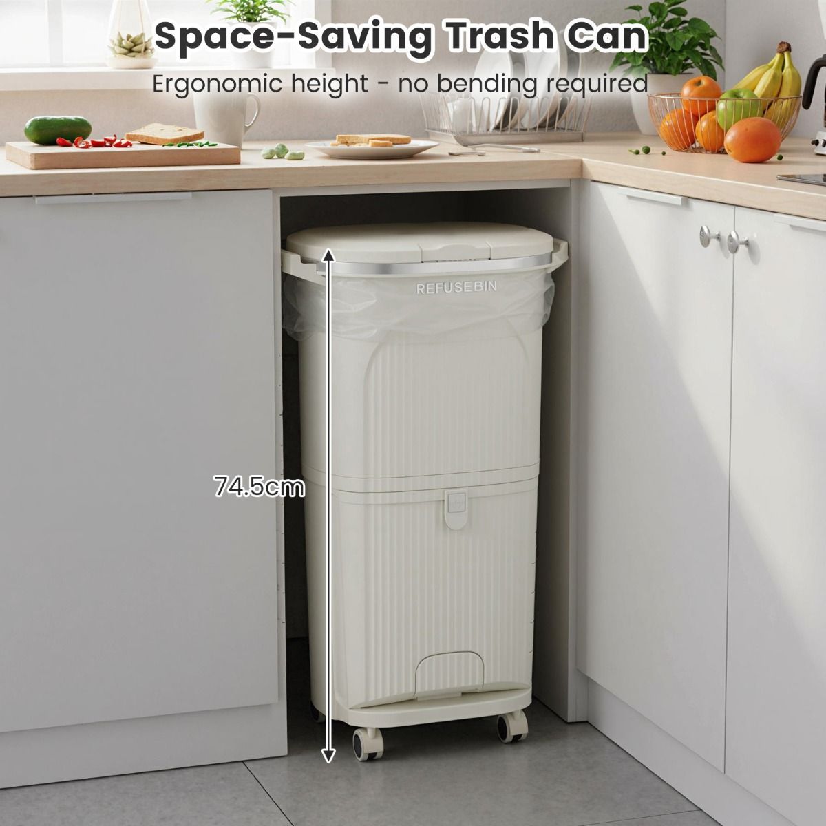 Coast Afvalscheidingsprullenbak op Wielen - 3 Compartimenten - Pedaal en Drukknop - Beige - 38 Liter