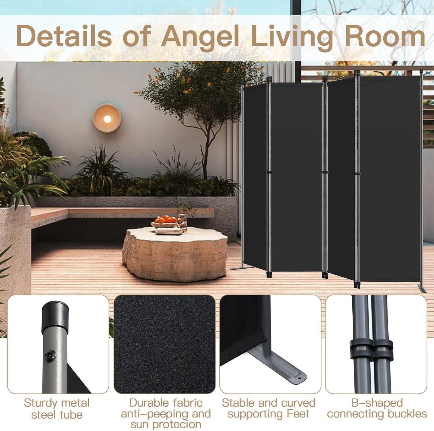 Angel Living Kamerscherm - 4-delig - 224x165 cm - Opvouwbaar - Staal & Polyester - Ruimteverdeler & Inkijkbescherming - Zwart