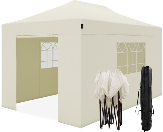LifeGoods - Partytent & Paviljoen - 3x4,5 m - Easy Up & Opvouwbaar - Waterdicht Met Zijwanden - Inclusief Draagtas Met Wieltjes - Polyester & Staal - Beige