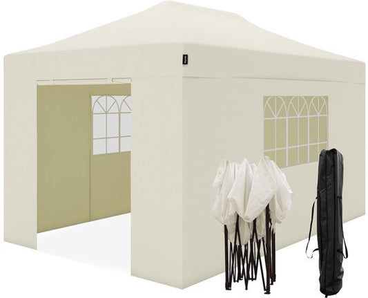 LifeGoods - Partytent & Paviljoen - 3x4,5 m - Easy Up & Opvouwbaar - Waterdicht Met Zijwanden - Inclusief Draagtas Met Wieltjes - Polyester & Staal - Beige