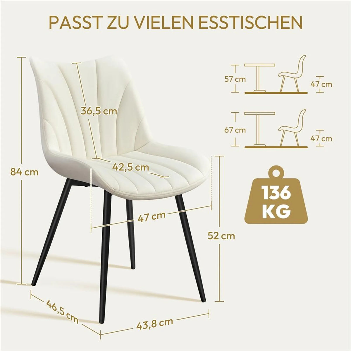 Yaheetech Set van 2 Eetkamerstoelen 47x58x84 cm – Beige – Polyester en Metaal