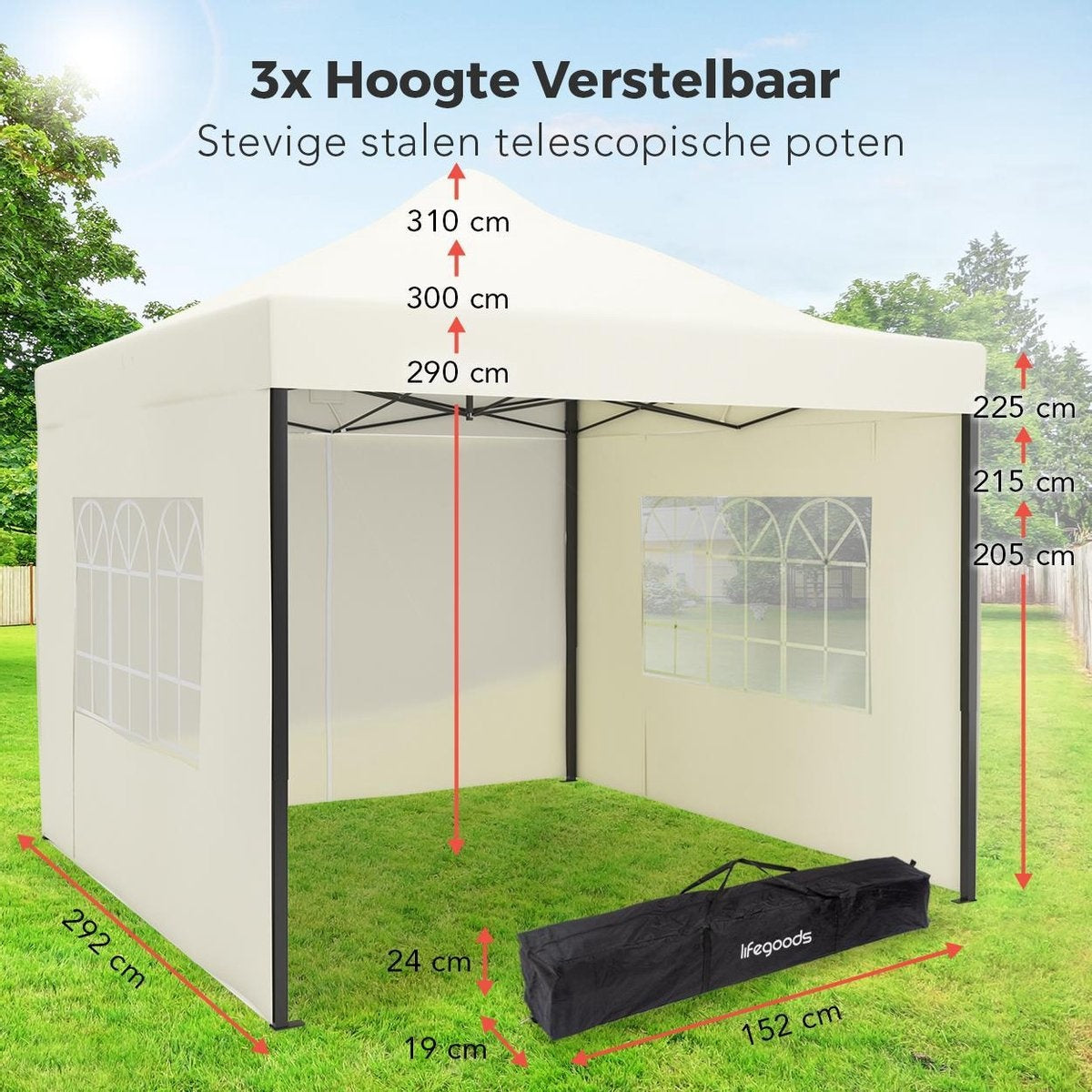 LifeGoods Partytent - Paviljoen - EasyUp - Opvouwbaar - Waterdicht - Met Draagtas met wieltjes - 300 x 300 cm - Beige