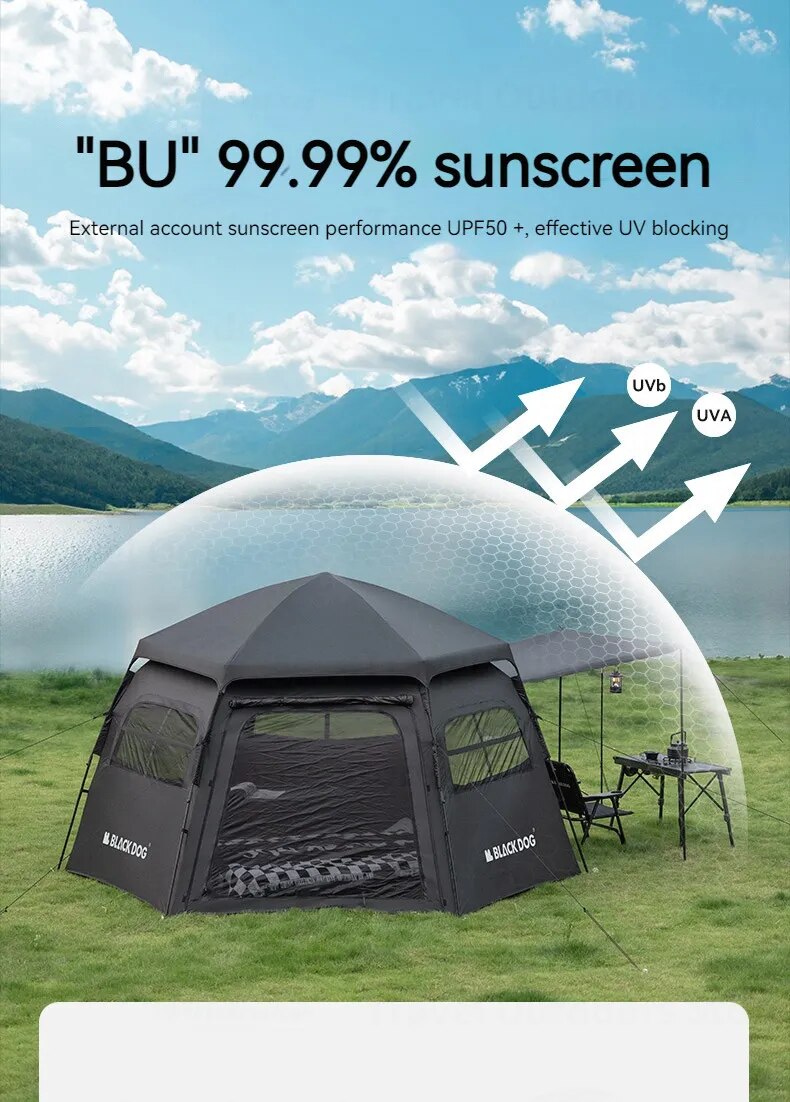 Blackdog Hexagon Automatische Tent CBD2300QT012 – 12,5 m² – UPF50+ – PU3000 mm – Zwart
