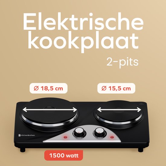 KitchenBrothers Elektrische Kookplaat - 2 Pits - Vrijstaand - 7 temperatuurstanden - 1500W + 1000W - Zwart