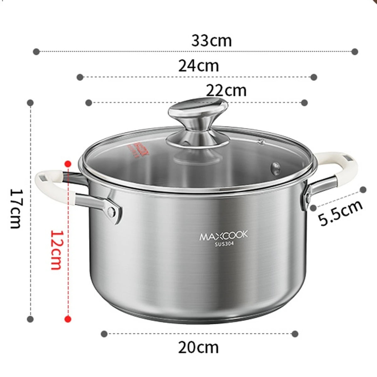 MAXCOOK Soeppan Ø22 cm - 4,3 Liter - RVS 304 - Geschikt voor Inductie - Glazen Deksel - Siliconen Handgrepen