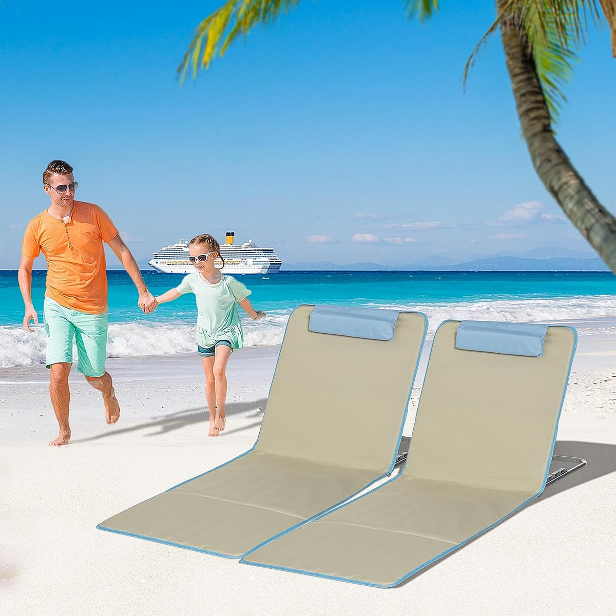 Outsunny Opvouwbare strandmatten met verstelbare rugleuning - 2 stuks - 124 x 53 x 35–45 cm - Beige/Blauw