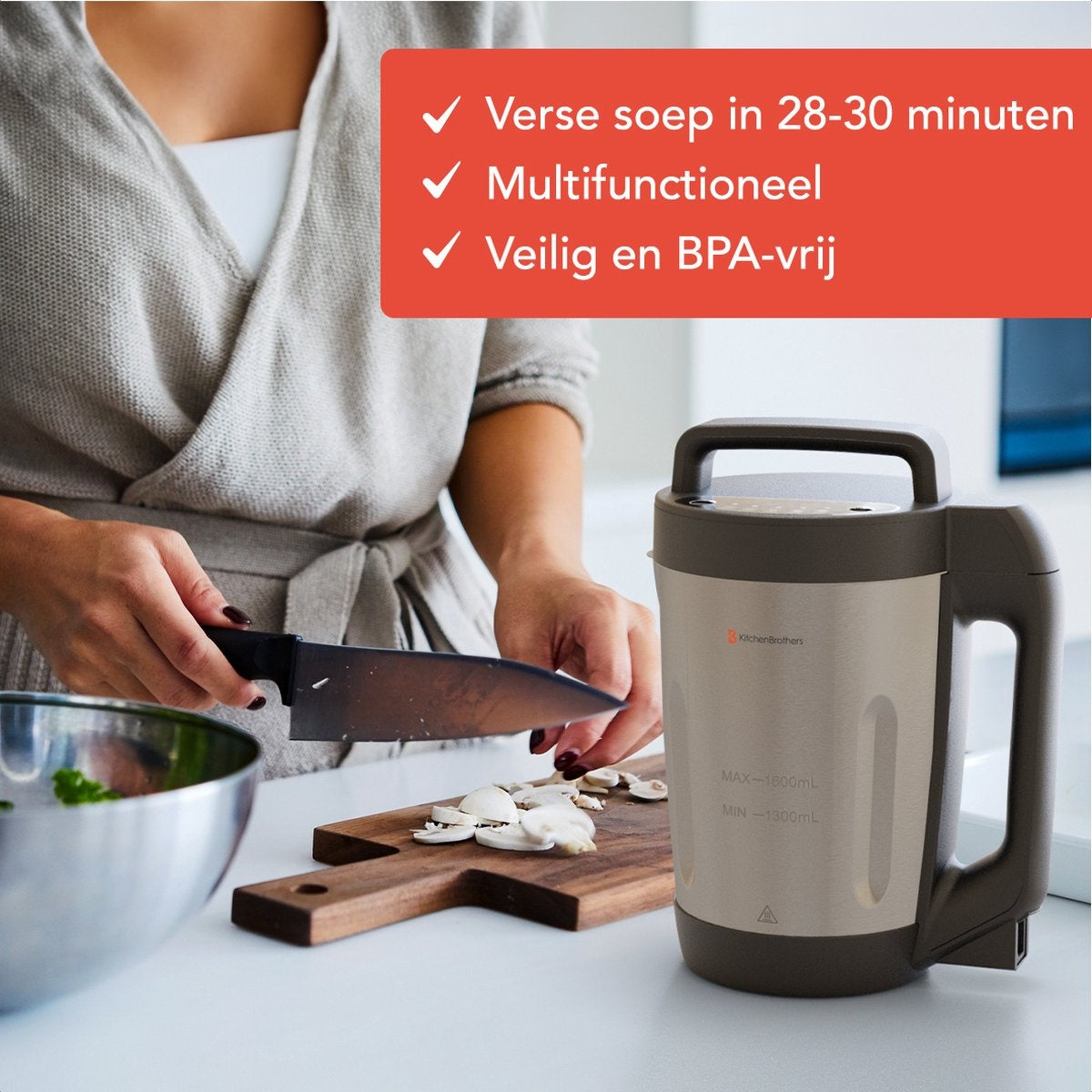 KitchenBrothers Soepmaker - Blender - tot 800W - 1.6L - RVS/Zwart