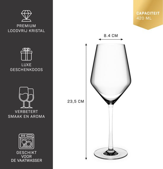 BarDeluxe® Wijnglazen Witte Wijn - Handgeblazen Kristallen Glazen 420ml - Handgemaakt & Loodvrij - Wijnglas - 4 stuks - Luxe Set voor Bar of Diner