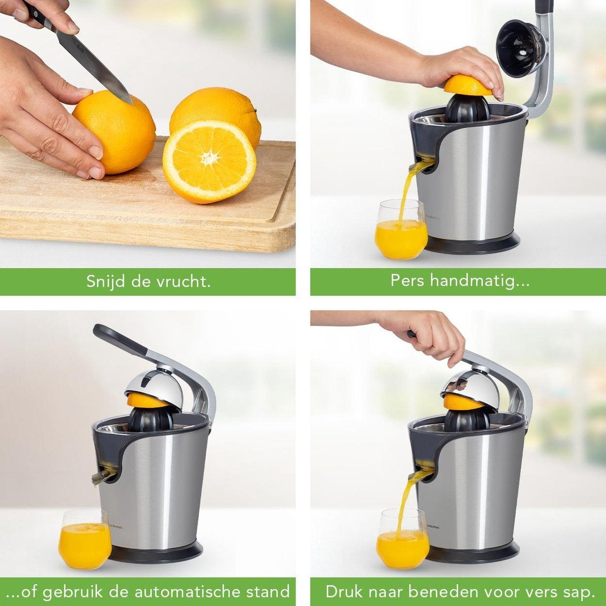 KitchenBrothers Citruspers - Elektrische Sinaasappelpers en Citroenpers met Pershendel - RVS - Zwart