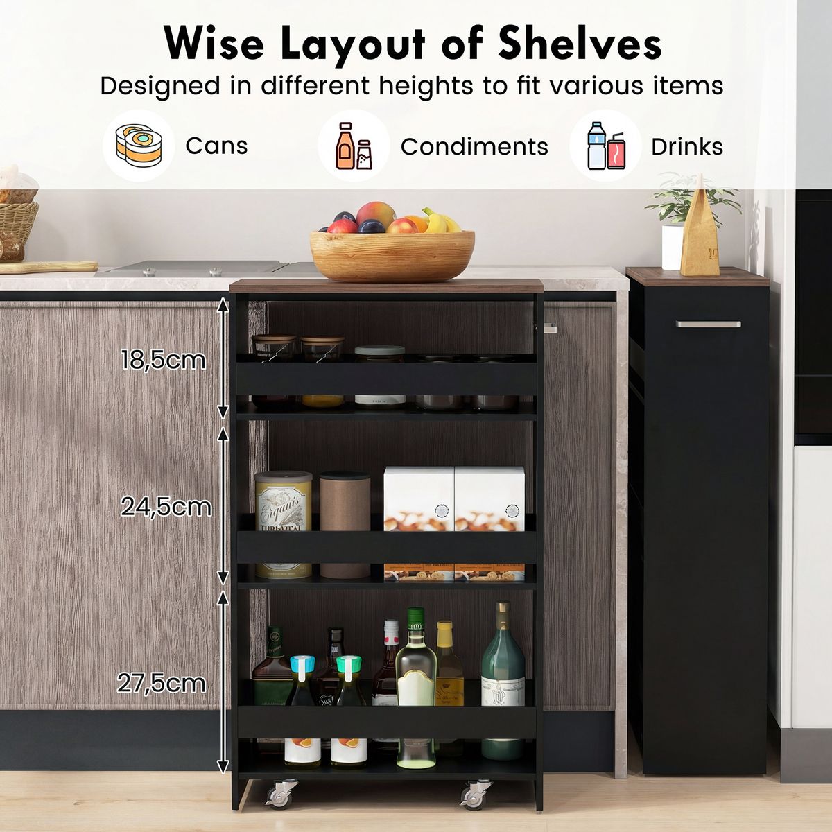 Coast Keukenwagen - smal nissenrek op wielen - 4 verdiepingen - zwart en bruin - 47,5 x 20 x 80,5 cm