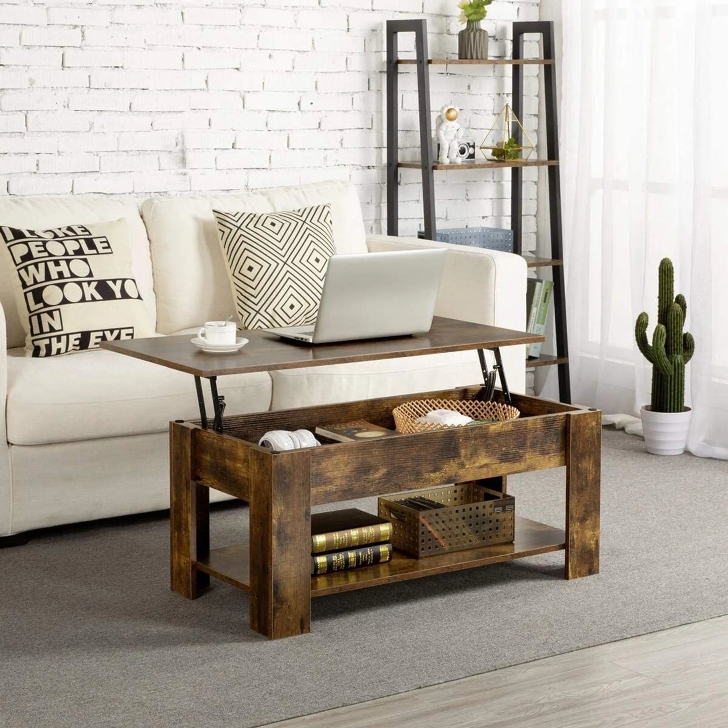 Yaheetech Salontafel Met Lift-Top Functie – Voorzien Van Verborgen Opbergvak En Metalen Mechanisme En Onderste Plank – Voor Woonkamer En Kantoor – Vintage Bruin-zwart Mdf En Metaal – 98 x 50 x 41,8-55 cm