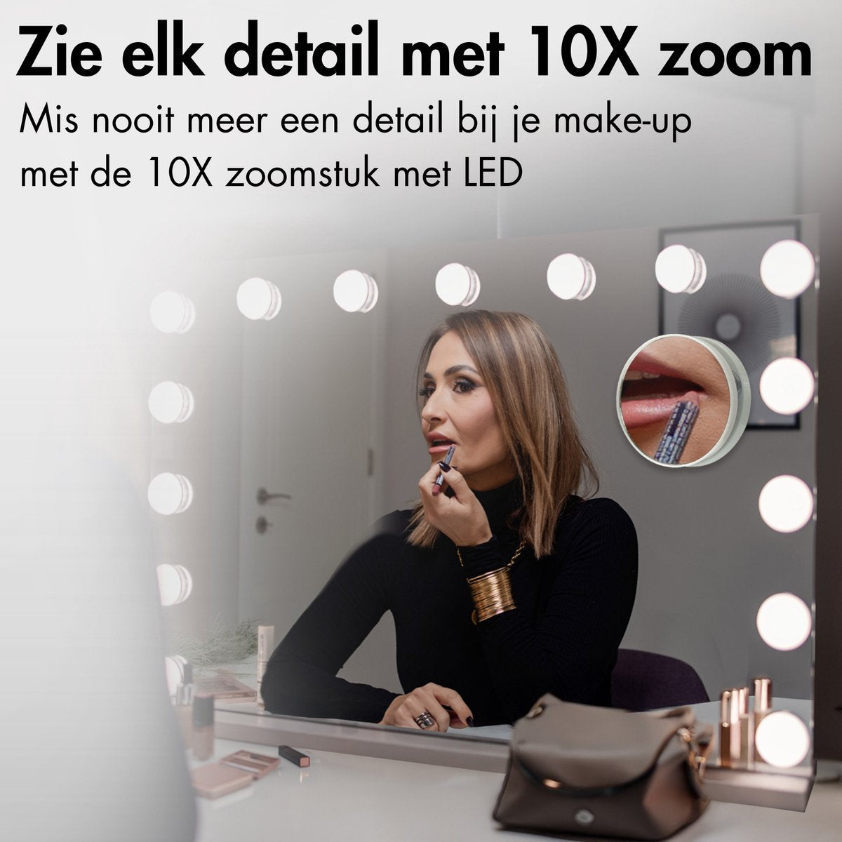 Sansbeauté® Hollywood Spiegel 58x43 cm - Make-up Spiegel - 15 LED Lampen - 10x Vergroting - Dimbaar - USB Oplaadpoort - Touch Control - Bluetooth - Wit