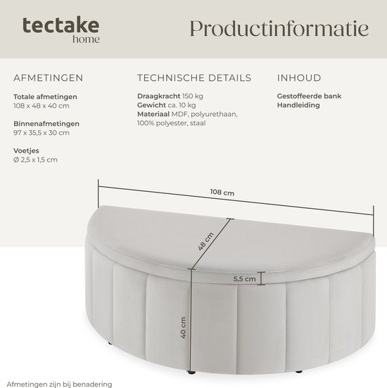 tectake® Gestoffeerde Bank Moon - Hocker met Opbergruimte - Groot Opbergvak - Halve Maan Vorm - Zitbankje - 108 x 48 x 38,5 cm - Draagkracht 150 kg - Fluweel Taupe