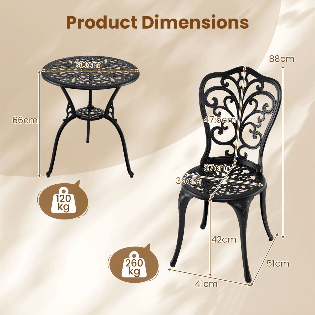 Coast 3-delige bistroset - gegoten aluminium - parasolgat - vlinderrugleuningen - zwart