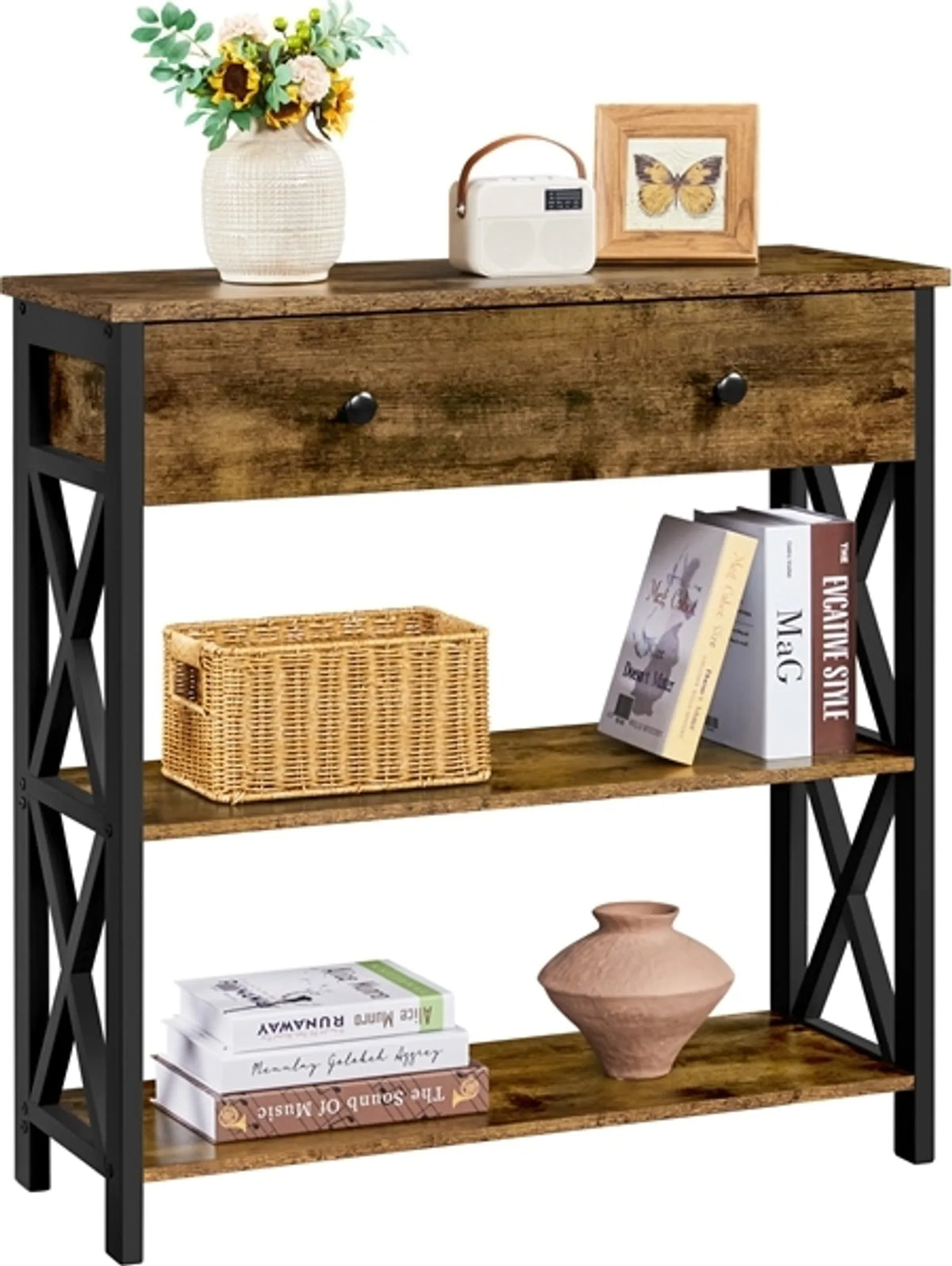 Yaheetech Smalle consoletafel met lade en 2 planken - 80 x 29,5 x 81 cm - Roestbruin