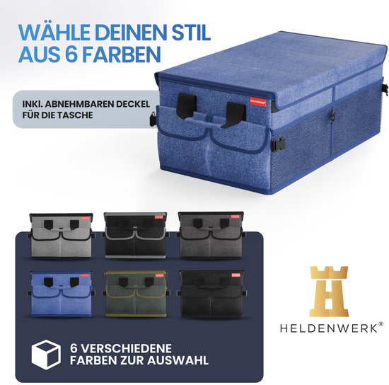 HELDENWERK Premium kofferbak organizer met deksel, stevig & antislip - Opvouwbare kofferbaktas, groot met dubbele bodem - Kofferbakbox, kofferbak organizer box