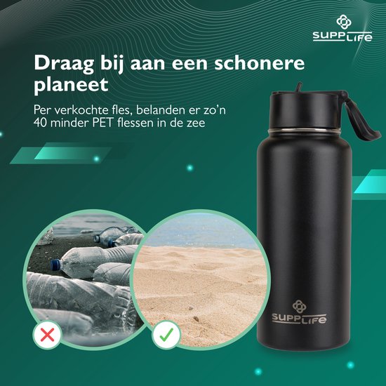 Supplife Luxe RVS Thermosfles / Drinkfles - 1 Liter - BPA & Lek Vrij - Waterfles met Rietje - Dubbelwandige Isolatie - Thermosbeker - Schenkdop en Dop met Rietje - Inclusief Schoonmaakborsteltje - Zwart