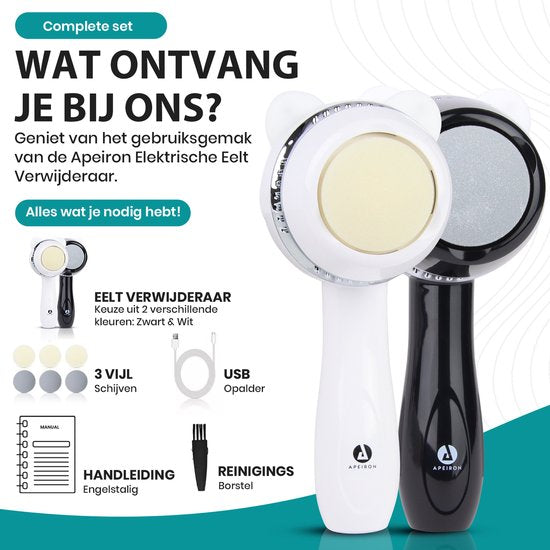 Apeiron Elektrische Eeltverwijderaar – Voetvijl – Professionele Eeltverwijderaar – Eeltvijl – Eeltverwijderaars - USB Oplaadbaar - Inclusief 3 Extra Vijlschijven - Wit - Gratis E-Book
