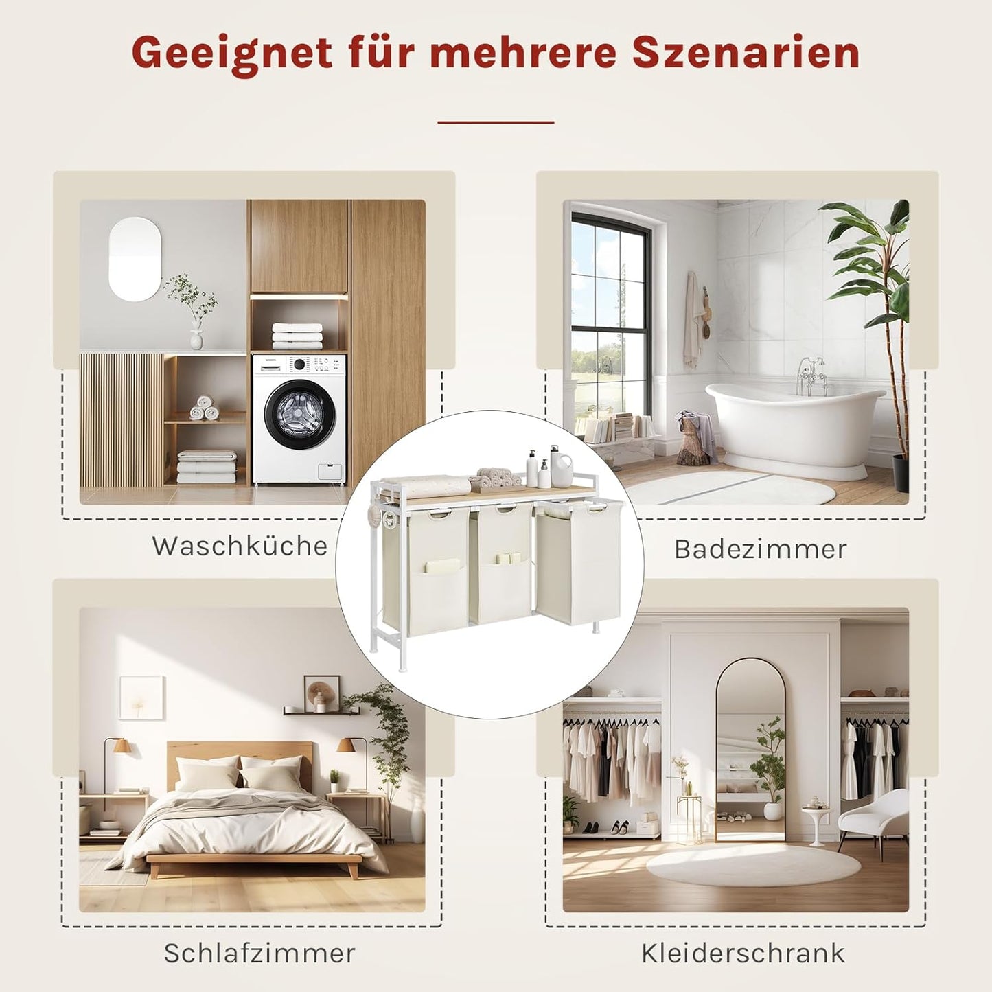 WOLTU - Wasmand met 3 vakken 3x40 l - Was sorteerder met plank - Wit en licht eiken 96 x 71 x 30 cm