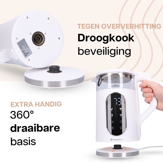 HomeShift® Waterkoker met Temperatuurregeling - Warmhoudfunctie - Dubbelwandig - Elektrisch - 1,7 Liter - 2200W - Wit