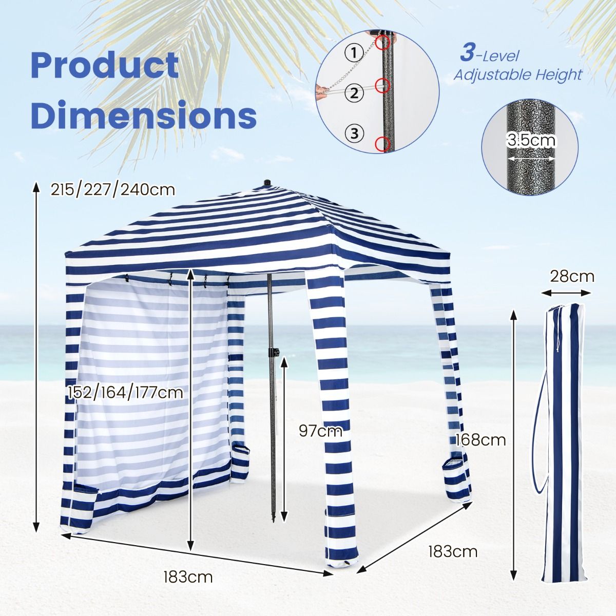 Coast Opvouwbare Strandtent - Met Draagtas - Verwijderbare Zijwand - 183 x 183 x 215-240 cm - Blauw met Wit