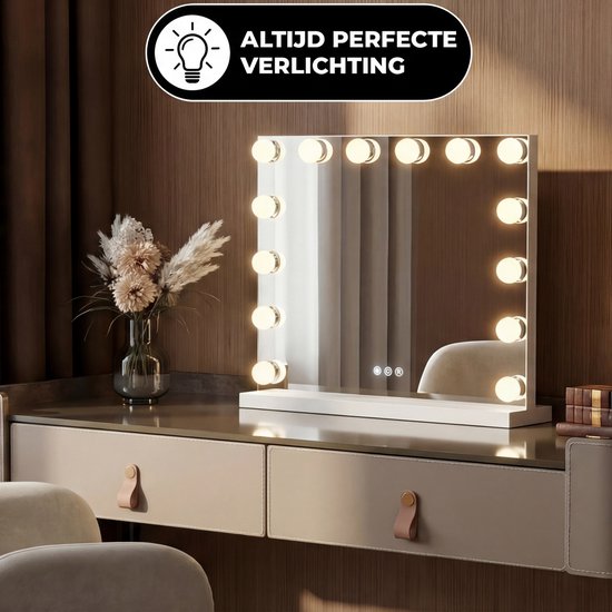 Bayt Hollywood Spiegel met verlichting - Make Up Spiegel met Verlichting - Spiegel Met Verlichting - Dimbaar - 10x Vergroting - 50x40cm - Wit
