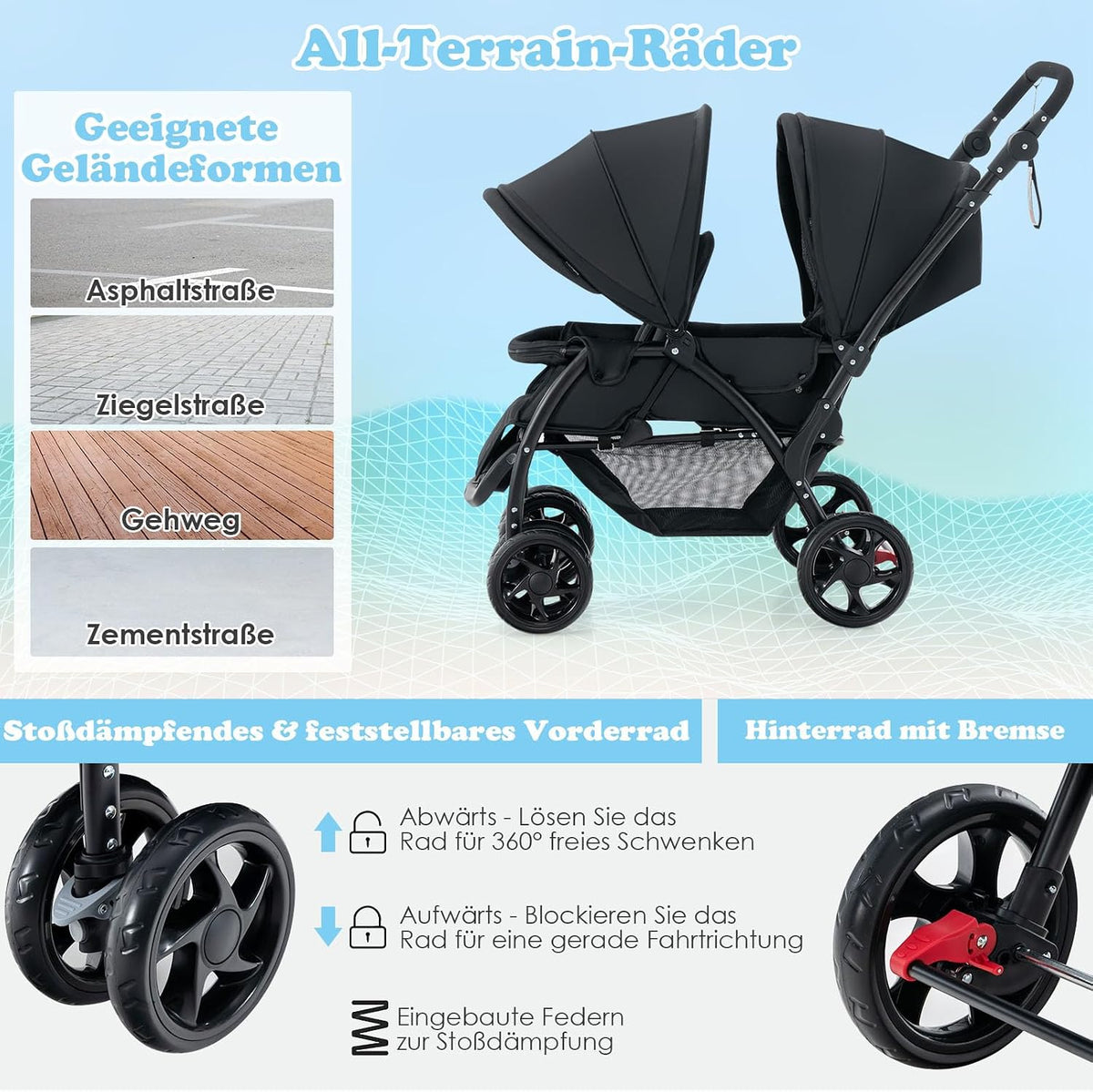 Coast Tandem Kinderwagen Voor Twee – Opvouwbaar Met Verstelbare Rugleuning – Zwart – Metaal