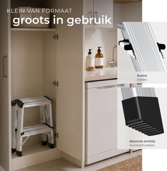 tectake® Dubbelzijdige Aluminium Keukentrap - 2 Treden - 38,5 cm - Stevige Trap Ladder - Opklapbaar Opstapje - Antislip Huishoudtrap