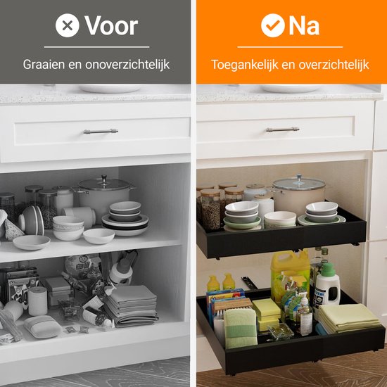 Posity Schuiflade – Keukenkast Organizer – Gootsteenkast/Lade Organizer - binnenlade keuken – Uittrekbaar en Verstelbaar (32-52 cm) – Telescopisch – Zwart