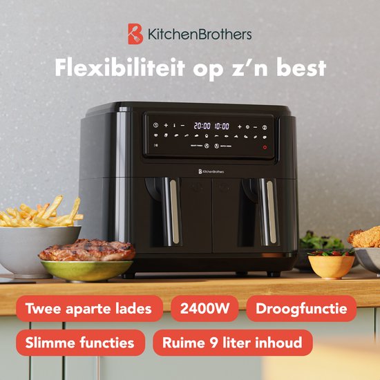 KitchenBrothers Airfryer – Dual Zone & 9 Liter – 2400 W – 36,1 x 40 x 32 cm – Zwart