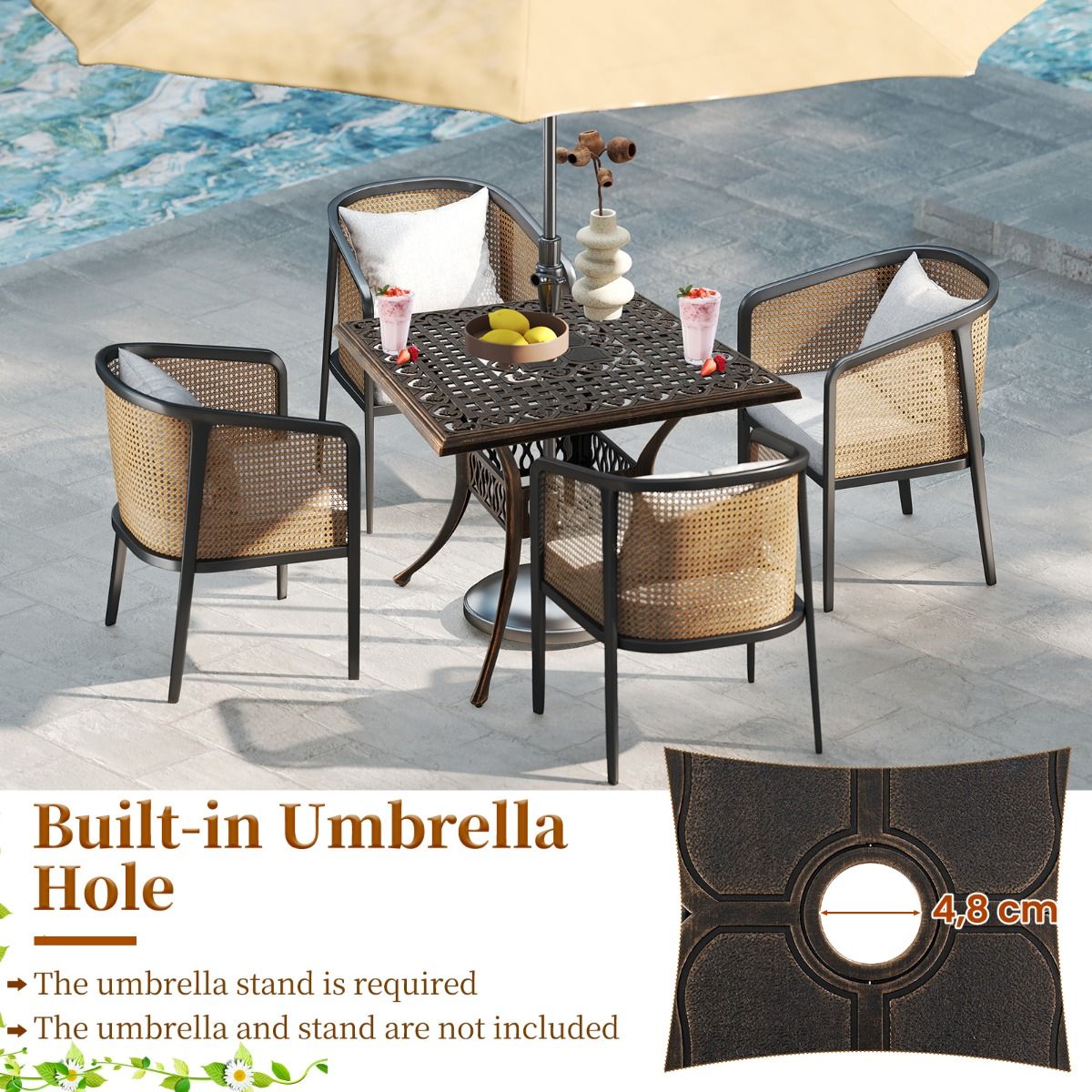 Coast Vierkante Terrastafel - Gegoten aluminium - Parasolgat 4,8 cm - Brons - 80 x 80 x 75 cm