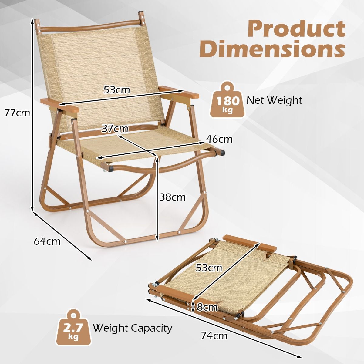 Coast Set van 2 Inklapbare Campingstoelen - Lichtgewicht aluminium frame - Ergonomisch ontwerp - Beige