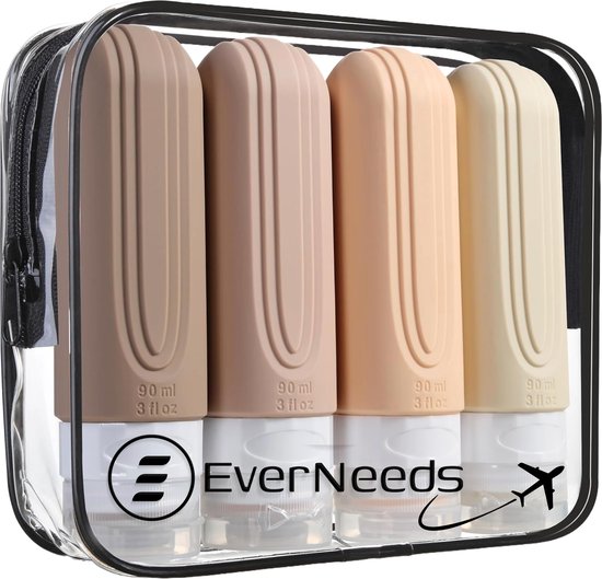 EverNeeds Reisflesjes Met Etui - Navulbaar - Siliconen Reisflesjes Handbagage - Crème - 4 Stuks