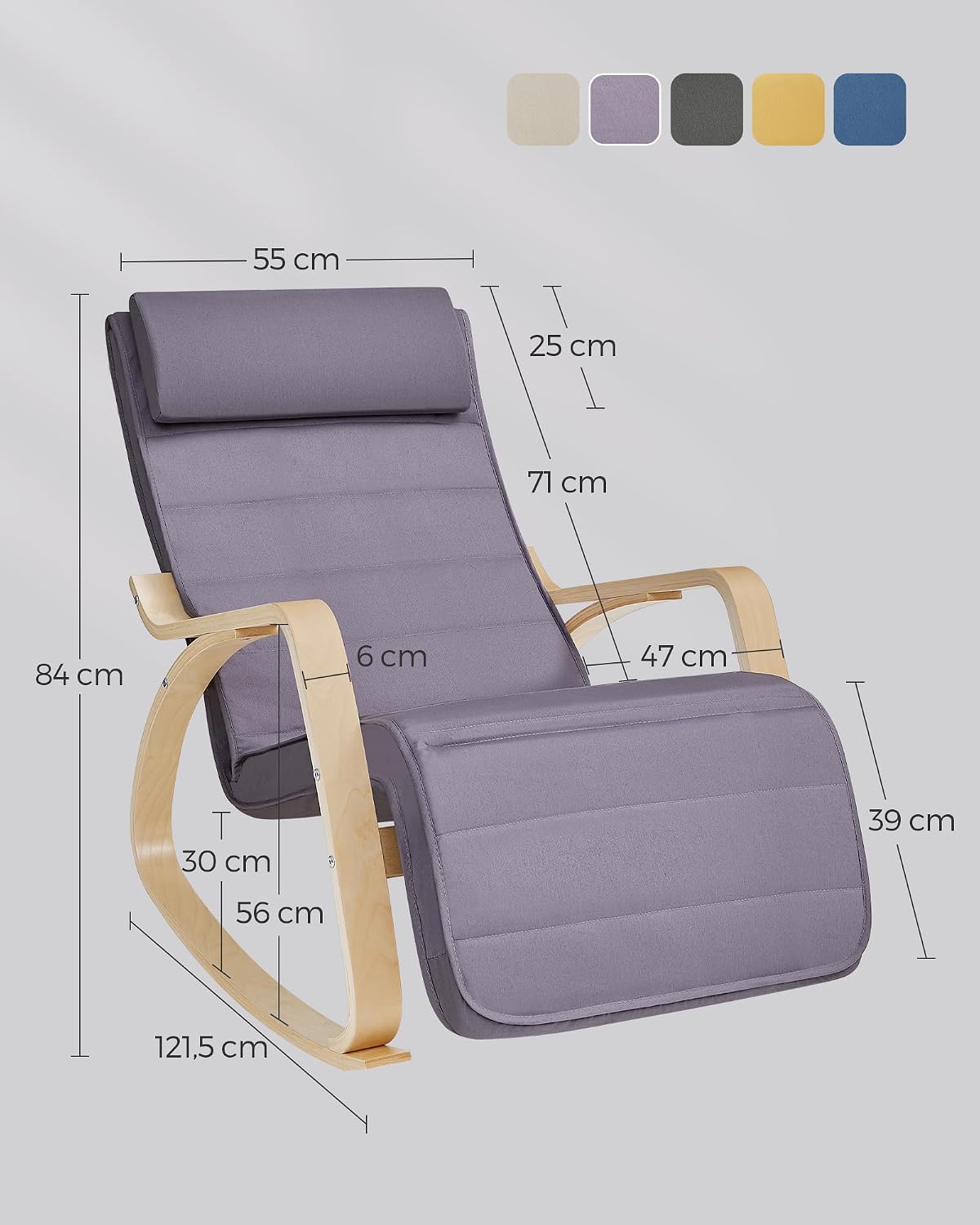 Songmics Schommelstoel - Berkenhout - 5-voudig Verstelbare Voetensteun - 121,5 x 67 x 84 cm - Grijs/Beige