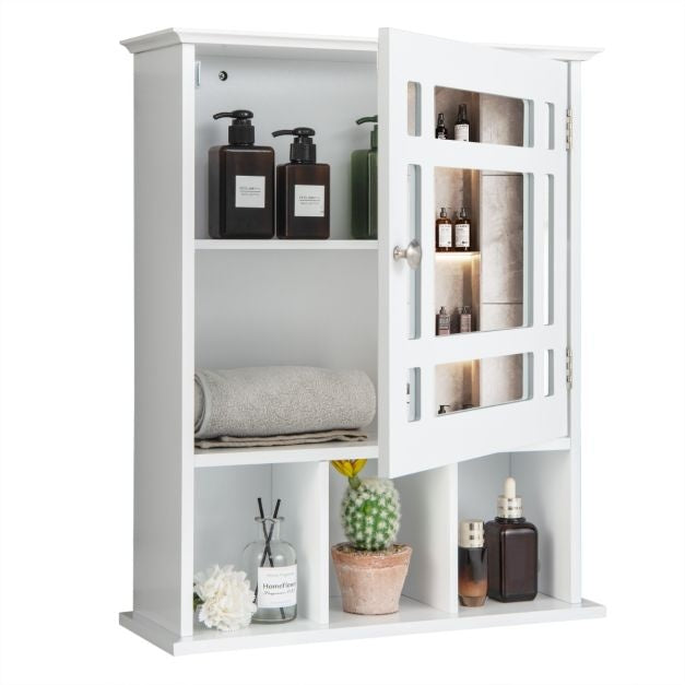 Coast Badkamer Muur Opbergkast Spiegelkast Houten Opknoping Medicijnkast met Verstelbare Plank en 3 Open Vakken - 61x16x16 cm - Wit
