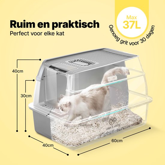 Jake en Jacky RVS Kattenbak - Kattentoilet Roestvrijstaal - Incl. Kattenbakschep met Houder en Gritopvang Opstapje - 2 in 1 Open Kattenbak met Afneembare Deksel - 60x40x38cm