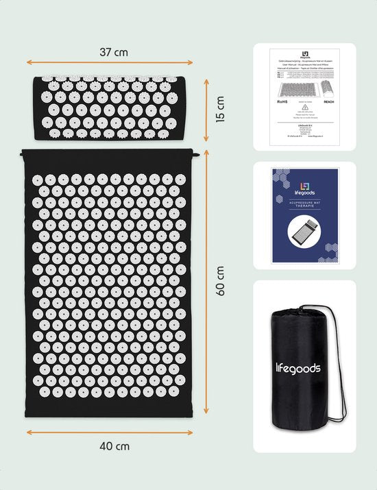LifeGoods Spijkermat met Kussen - Shakti Mat - Acupressuur Mat - Spijkerbed - Massage Mat - Voor Pijnverlichting, Spierherstel, Stressverlichting en Meer - Incl. 2x Triggerpoint Bal - 60x40x2cm - Zwart
